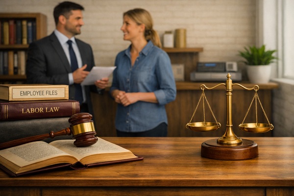 Law office desk with balance scales, gavel, and labor law books in a professional workplace setting.  Gangi Law offers employment law assistance to employers and employees.